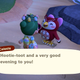 Celeste stands on the shore of the Animal Crossing island at night and greets the player with a warm smile.